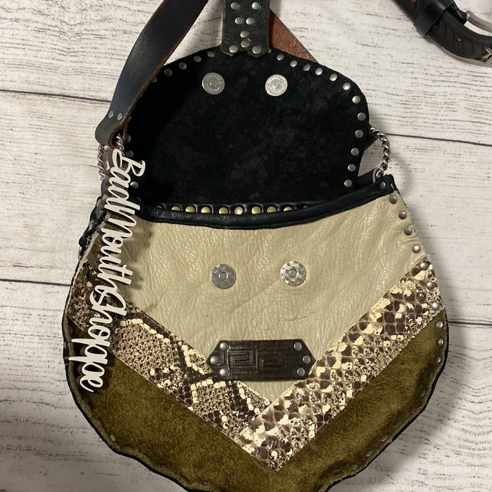*Ransack Leather Upcycled Handmade Camo Snakeskin Crossbody Purse Saddle Bag - Picture 9 of 11
